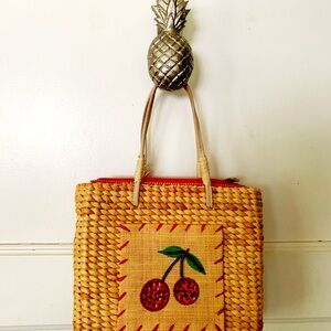 Woven Straw Bag with Cherry Design